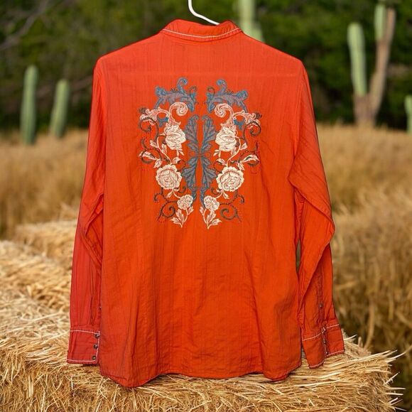 Embrodered Ariat Fitted Long Sleeve Pearl Snap Western Shirt Burnt Orange Sz XL - Picture 1 of 11